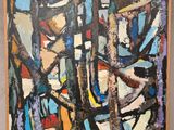 une peinture abstraite représentant un groupe d'arbres dans une forêt