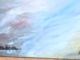 une peinture représentant une personne sur une planche de surf dans l'eau