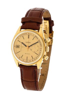 an image of a gold wrist watch with brown leather strap