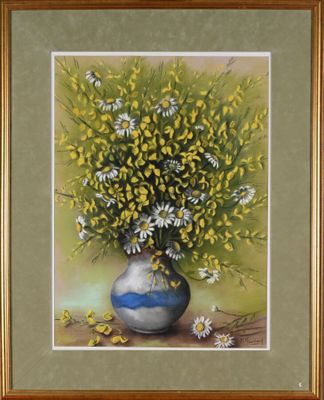 une peinture de fleurs dans un vase sur une table