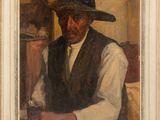 painting of a man in a hat and vest sitting at a table