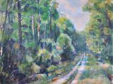 un tableau représentant un chemin de terre au milieu des bois