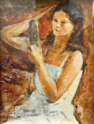 painting of a woman combing her hair while sitting in a chair