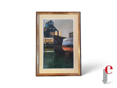tableau représentant un bateau sur un plan d'eau, avec une maison en arrière-plan