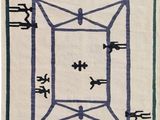 a white rug with a blue and green design on it