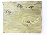 un tableau représentant un groupe de canards nageant dans l'eau