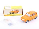 an orange toy car sitting next to a boxed box