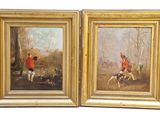 deux tableaux représentant des hommes en veste rouge et pantalon blanc, avec un chien au premier plan