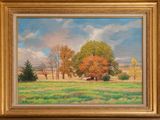 an oil painting of a field with trees in the background