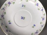 a close up of a white plate with blue flowers on it
