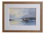 painting of a boat in the water with a cloudy sky in the background
