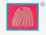a painting of a pink and blue pumpkin on a pink background