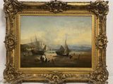 tableau représentant une scène de plage avec des bateaux et des personnes sur le rivage