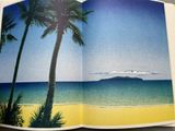 an open book with a picture of a beach and palm trees