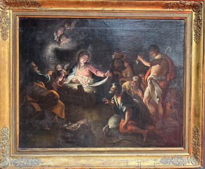 an image of a painting of a nativity scene with angels