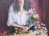 a painting of a woman holding a basket of flowers