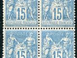 four blue and white postage stamps with a picture of a man on a horse