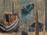 un tableau représentant des bateaux sur le rivage d'un port
