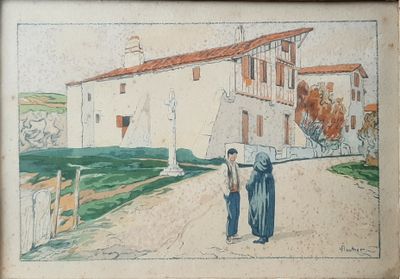 tableau représentant deux femmes marchant sur une route devant un immeuble