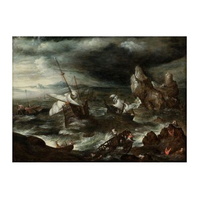 une image représentant un tableau de bateaux naviguant dans une mer agitée près de rochers