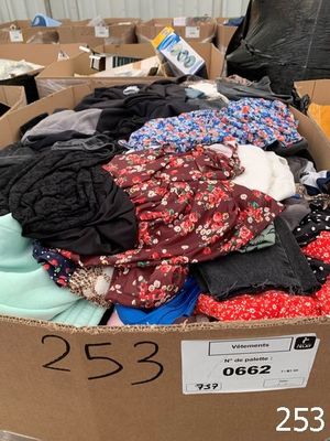 a cardboard box filled with clothing and other items