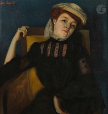 tableau représentant une femme en robe noire et chapeau, assise sur une chaise