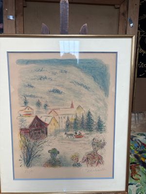 aquarelle encadrée représentant une scène de campagne avec une grange et des arbres