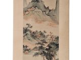 an oriental painting of a mountain scene with trees and rocks