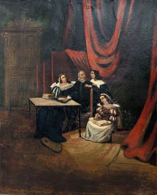 tableau représentant une famille assise à table dans une pièce aux rideaux rouges