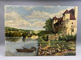 peinture représentant une peinture d'un bateau sur une rivière, avec un château en arrière-plan