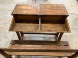 two wooden tables that are sitting next to each other