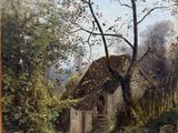 an oil painting of a house in a wooded area with trees