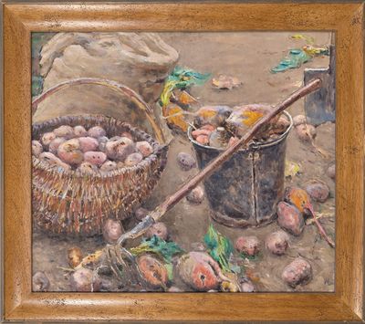 une peinture à l'huile représentant un panier de pommes de terre et un seau de carottes