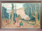 tableau représentant une femme marchant sur un sentier dans une forêt