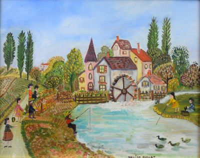 tableau représentant un tableau où l'on voit des personnes pêcher dans une rivière, avec un moulin en arrière-plan
