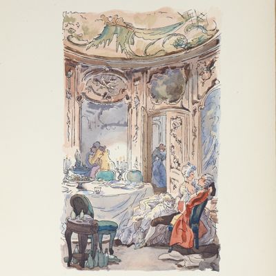 a drawing of a woman sitting at a table in a dining room