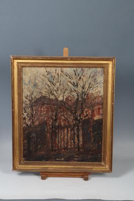 une image représentant un tableau posé sur un chevalet en bois, avec un tableau représentant des arbres en arrière-plan