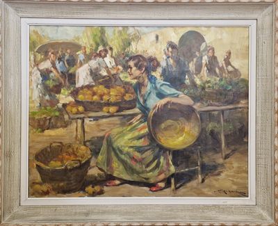 an oil painting of a woman selling fruit in a market
