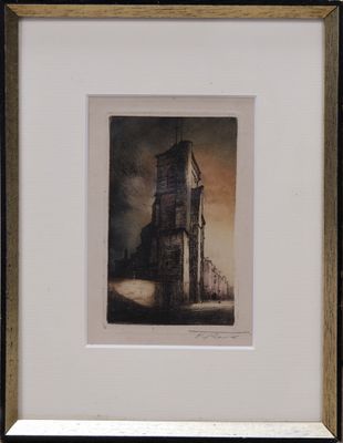 tableau représentant un bâtiment avec une tour horloge au centre