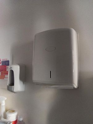 un distributeur de papier essuie-tout fixé au mur au-dessus d'un lavabo