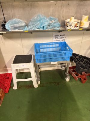 un panier bleu et un tabouret blanc dans une pièce