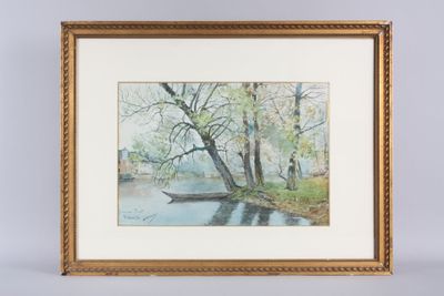 aquarelle encadrée représentant un bateau sur une rivière, avec des arbres en arrière-plan