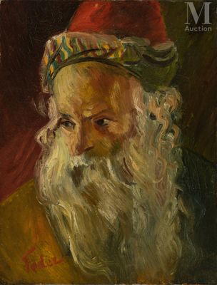 une peinture à l'huile représentant un homme à la longue barbe et coiffé d'un chapeau rouge