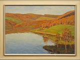 an oil painting of a river in a valley with hills in the background