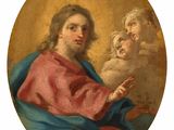 a painting of a man holding a child in his lap