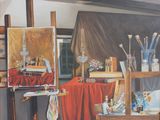 a painting of an artist ' s studio with a painting on the easel