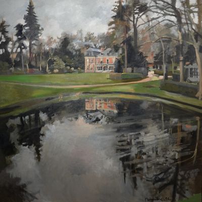 un tableau représentant une maison au milieu d'un étang