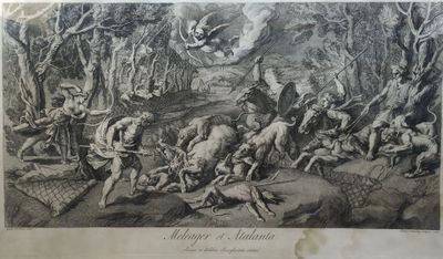 une vieille gravure représentant un groupe de personnes dans une forêt