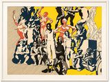un tableau représentant un groupe de personnes debout devant un fond jaune