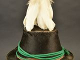 a black hat with a feather on top of it